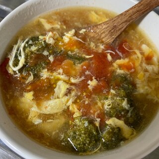 簡単トマトとブロッコリーと卵のサンラータン風スープ